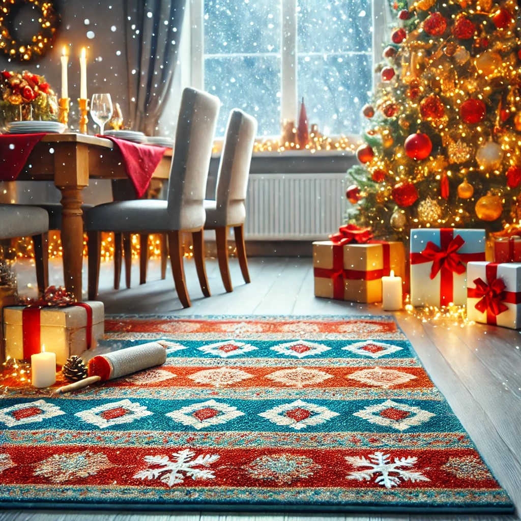 Ünnepi díszítésű nappali karácsonyfával, ajándékokkal és mintás szőnyeggel.